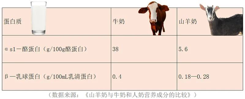 说明：乳制品中的2种主要过敏原，羊奶的含量更少。